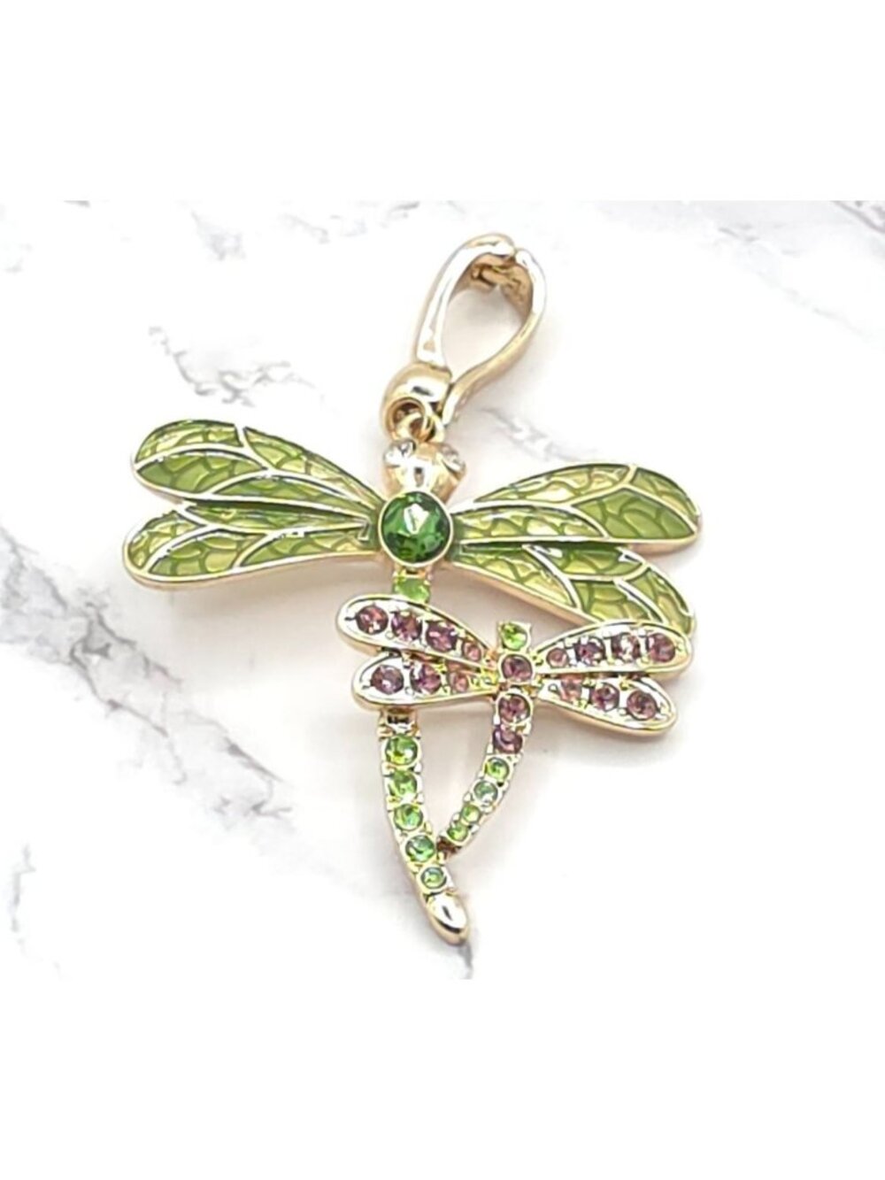 Dragonfly Pendant Charm With Green & Pink Crystals Gold-Tone Finish Lobster Clas
